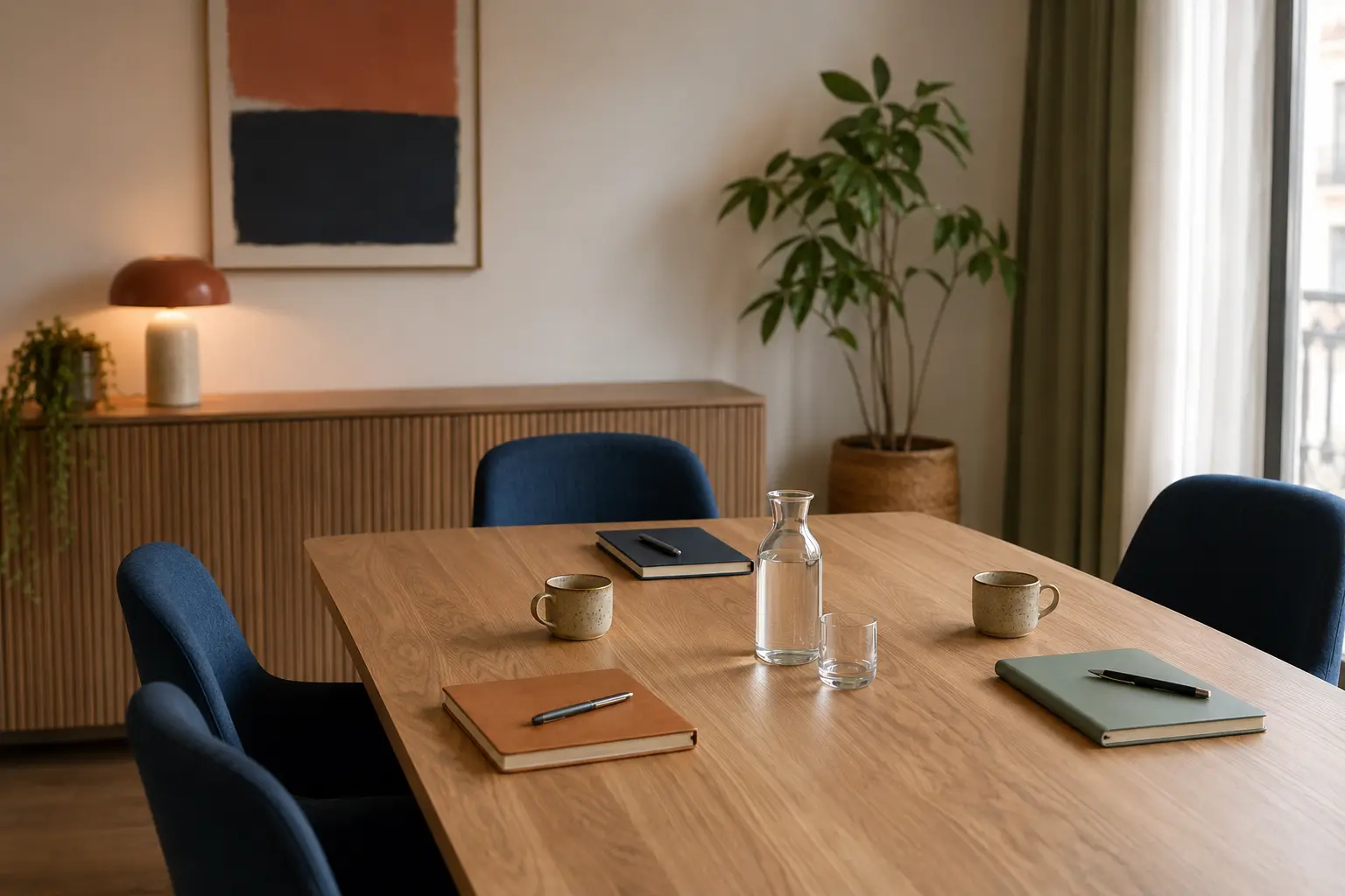 Table ronde préparée pour une conversation professionnelle structurée