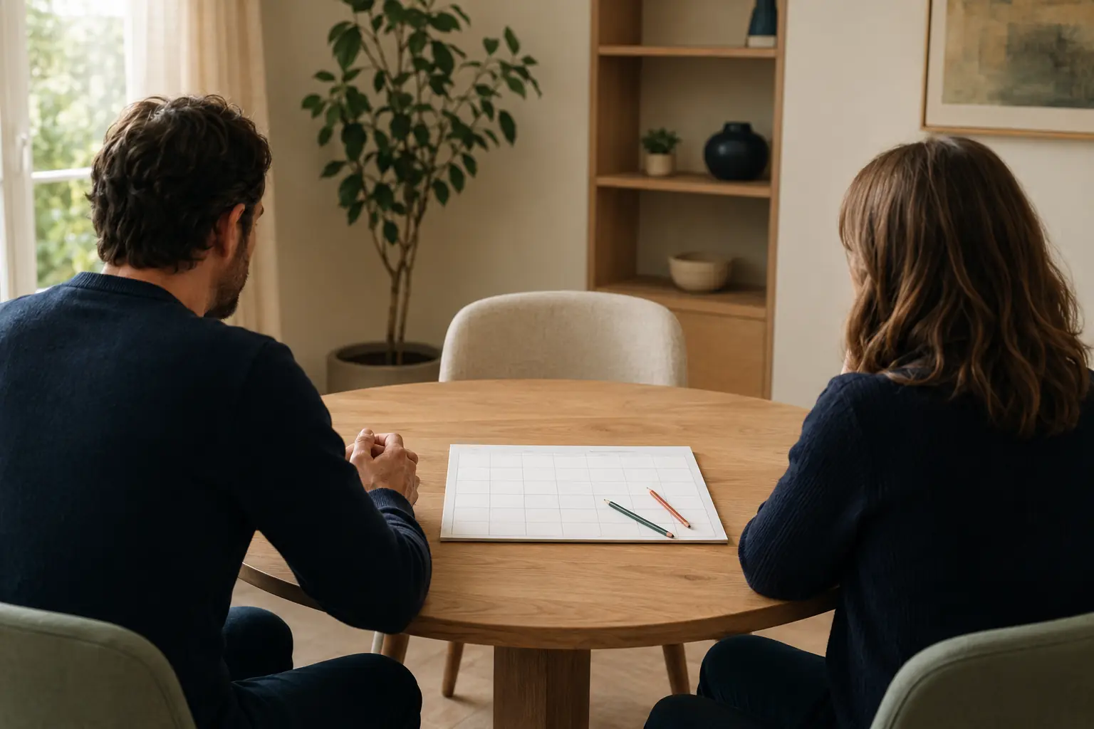 Deux adultes organisent calmement un calendrier autour d’une table ronde