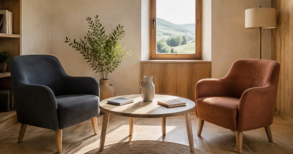 Deux fauteuils de couleurs différentes se font face autour d’une table ronde dans un espace de médiation.