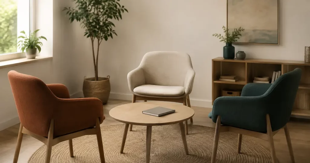 Trois fauteuils disposés autour d’une table ronde dans un espace de médiation calme.