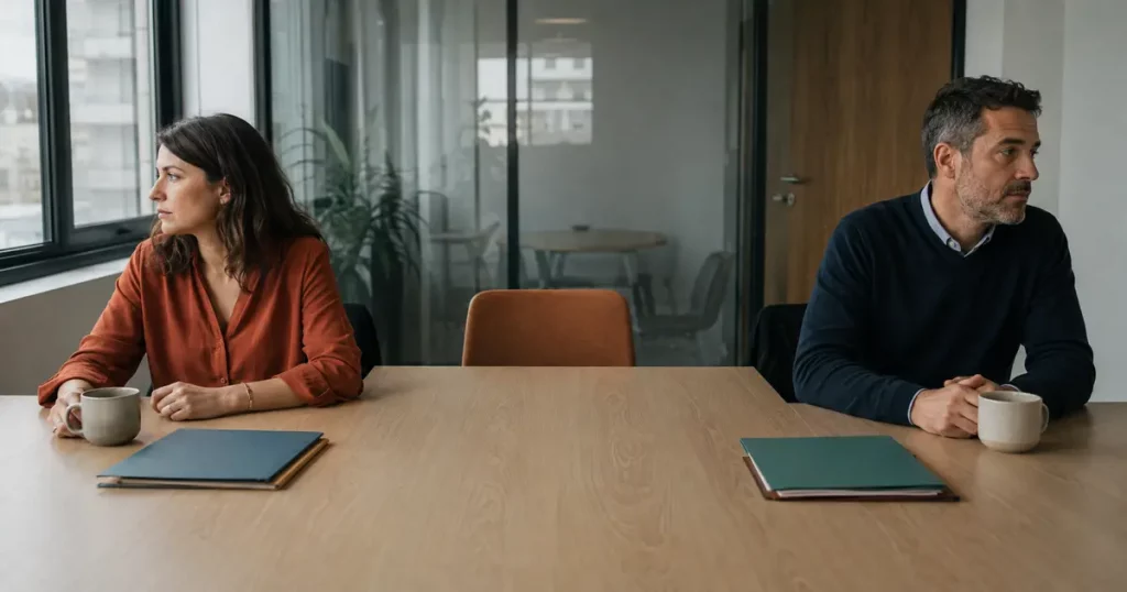 Deux collègues assis à distance regardent dans des directions opposées autour d’une table de réunion.