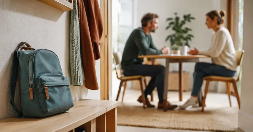 Un cartable d’enfant reste à l’écart pendant que deux parents échangent directement autour d’une table.